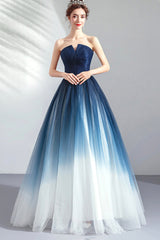Blue Gradient Tulle Long Party Dresses, A-Line Elegant Lace-Up Prom Dresses