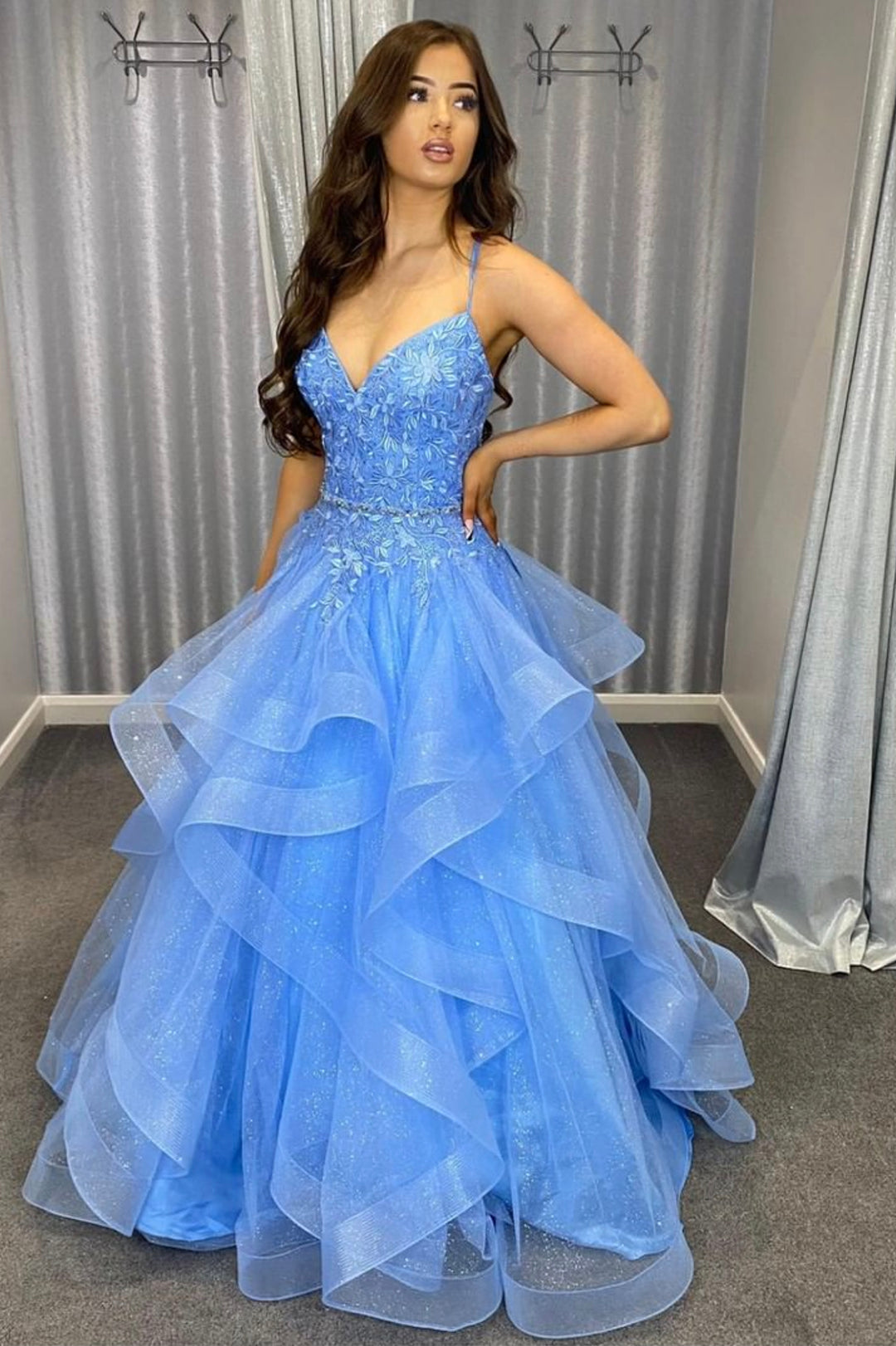 Blue Tulle Lace Long Prom Dresses, A-Line Evening Dresses