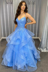 Blue Tulle Lace Long Prom Dresses, A-Line Evening Dresses