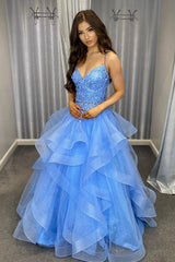 Blue Tulle Lace Long Prom Dresses, A-Line Evening Dresses