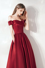 Burgundy Satin Long A-Line Prom Dress, Cute Off the Shoulder Evening Dress