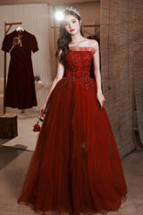 Burgundy Tulle Long Prom Dress with Lace, A-Line Strapless Evening Dress