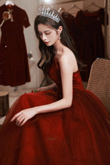 Burgundy Tulle Long Prom Dress with Lace, A-Line Strapless Evening Dress