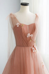 Pink Tulle Long A-Line Prom Dress, Cute Graduation Dress