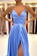 Simple V-Neck Satin Long Prom Dress, A-Line Evening Dress with Slit