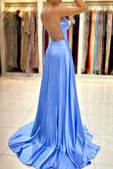 Simple V-Neck Satin Long Prom Dress, A-Line Evening Dress with Slit