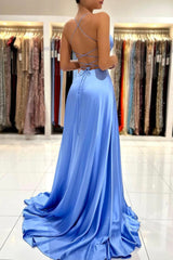 Simple V-Neck Satin Long Prom Dress, A-Line Evening Dress with Slit