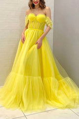 Yellow Tulle Long A-Line Prom Dress, Off the Shoulder Evening Party Dress