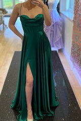 Green Satin Long A-Line Prom Dress, Simple Evening Dress with Slit