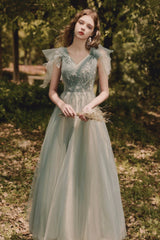 Green V-Neck Tulle Long Prom Dress, A-Line Evening Party Dress
