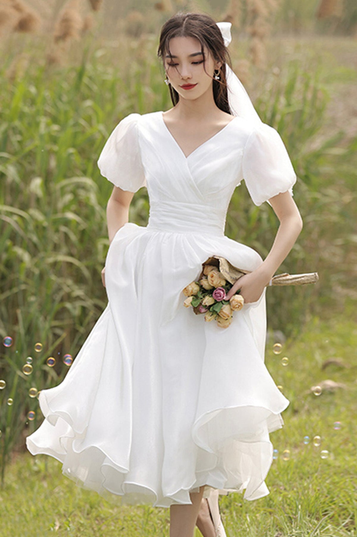 White V-Neck Tulle Short Prom Dress, Cute A-Line Evening Party Dress