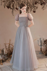 Gray Tulle Beaded Long Prom Dress, Lovely Short Sleeve Evening Graduation Dress