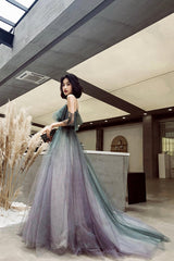 Stylish V-Neck Gradient Tulle Long Prom Dress, A-Line Backless Evening Party Dress