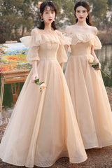 Cute Tulle Long A-Line Prom Dresses, Champagne Lace-Up Party Dresses