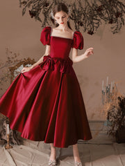 Burgundy Satin Beaded Tea Length Prom Dress, A-Line Short Sleeve Party Dress