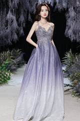 Purple V-Neck Lace Long Prom Dress, Purple Gradient Party Dress with Pockets