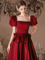 Burgundy Satin Beaded Tea Length Prom Dress, A-Line Short Sleeve Party Dress