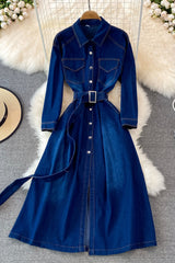 Blue A-line Long Sleeve Denim Dress