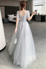 Gray Tulle Lace Long Prom Dresses, A-Line Evening Dresses