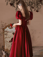 Burgundy Satin Beaded Tea Length Prom Dress, A-Line Short Sleeve Party Dress