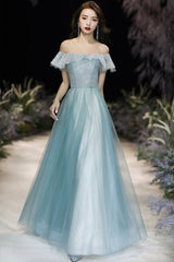 A-Line Tulle Long Prom Dress, Off the Shoulder Evening Dress