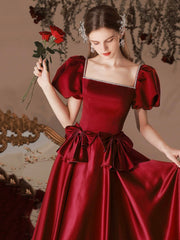 Burgundy Satin Beaded Tea Length Prom Dress, A-Line Short Sleeve Party Dress