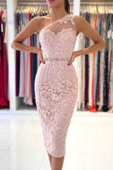 Pink Lace One Shoulder Prom Dress, Cute Homecoming Party Dress