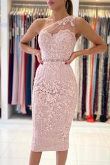 Pink Lace One Shoulder Prom Dress, Cute Homecoming Party Dress