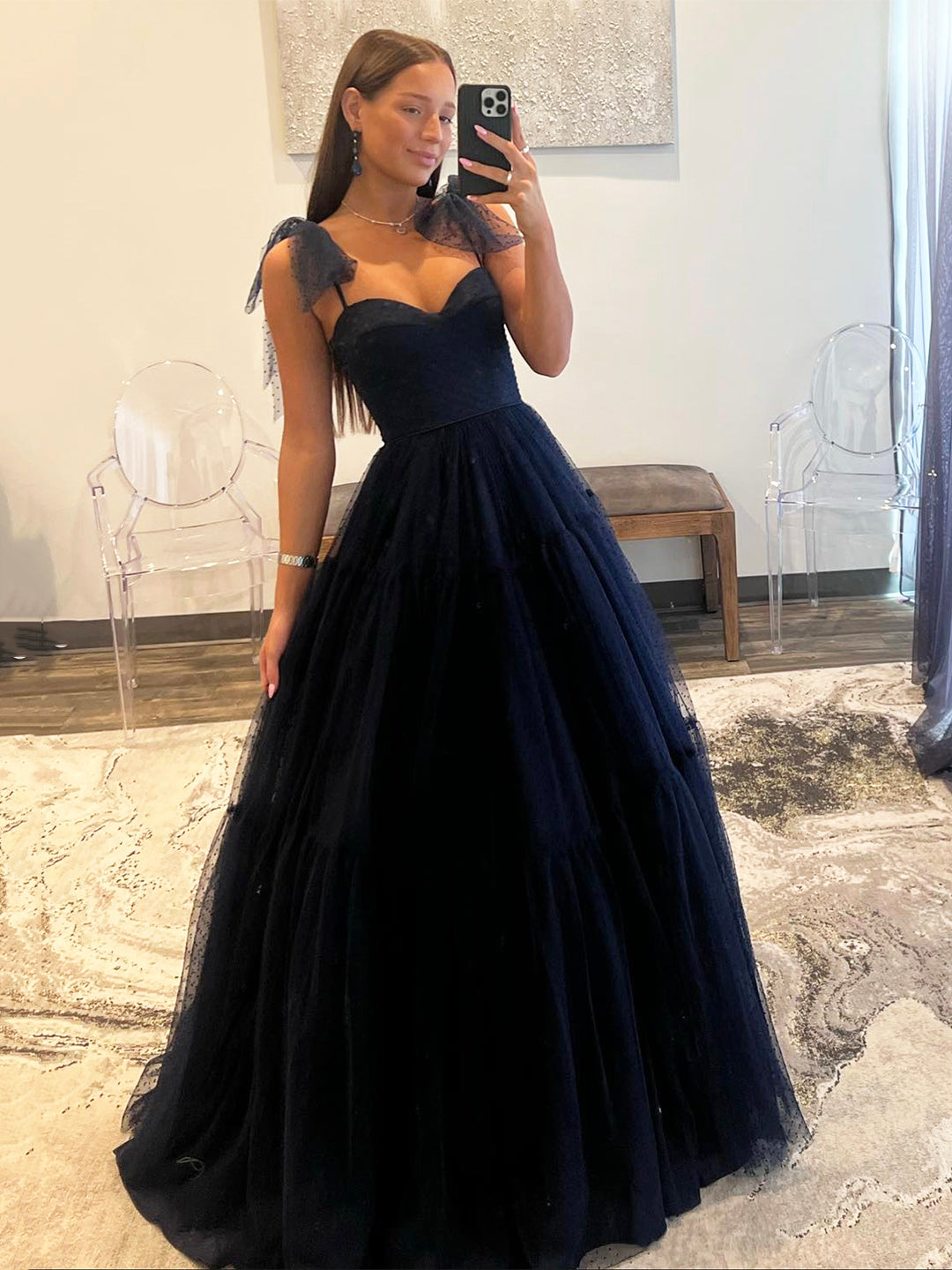 Navy Blue Dotted Tulle A Line Prom Dresses, A-Line Sweetheart Neckline Bow Tie Shoulder Evening Dresses