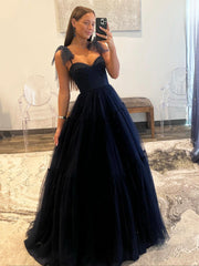 Navy Blue Dotted Tulle A Line Prom Dresses, A-Line Sweetheart Neckline Bow Tie Shoulder Evening Dresses