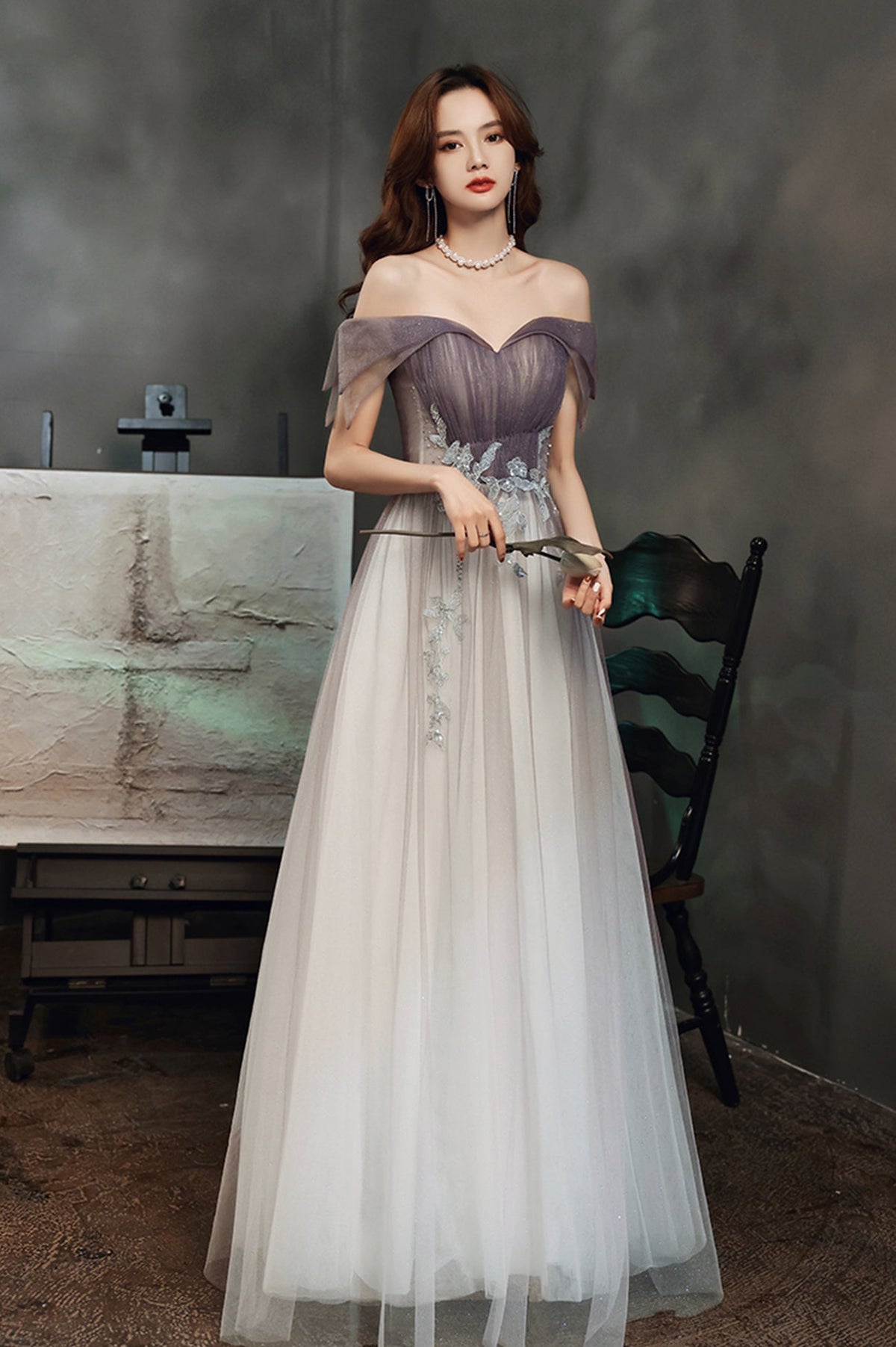 Purple Tulle Long A-Line Prom Dress, Off the Shoulder Evening Graduation Dress
