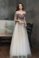 Purple Tulle Long A-Line Prom Dress, Off the Shoulder Evening Graduation Dress
