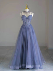 Blue Tulle Beaded Long Prom Dress, Beautiful Spaghetti Strap A-Line Evening Party Dress