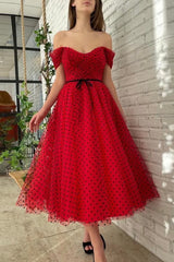 Red Tulle Short A-Line Prom Dress, Off the Shoulder Evening Dress