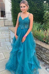 Blue Tulle Lace Long Prom Dresses, A-Line Backless Evening Dresses