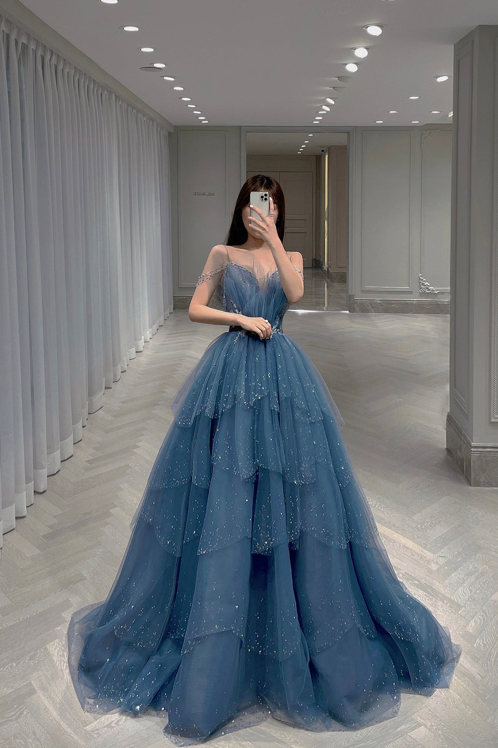 Blue Tulle Layers Straps Beaded Long Formal Dress, Beautiful A-Line Prom Dress