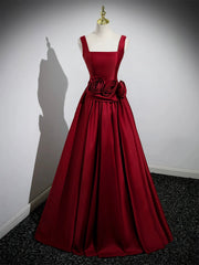 Burgundy Satin Long Prom Dress with Flowers, Elegant A-Line Party Dress