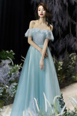 A-Line Tulle Long Prom Dress, Off the Shoulder Evening Dress