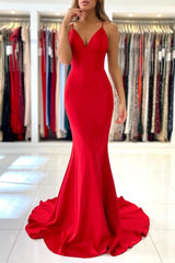 Red V-Neck Long Prom Dress, Mermaid Backless Evening Party Dress