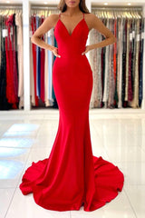 Red V-Neck Long Prom Dress, Mermaid Backless Evening Party Dress