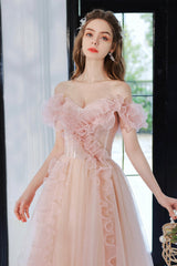 Pink Tulle Long A-Line Prom Dress, Lovely Off the Shoulder Evening Dress