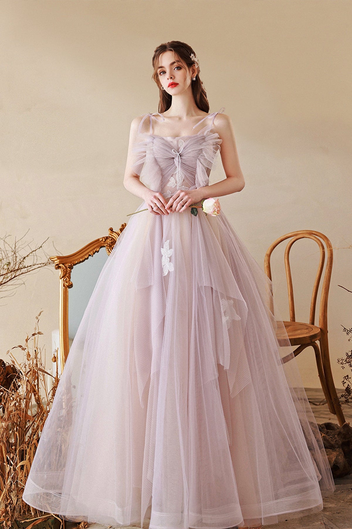 Cute Tulle Lace Long A-Line Prom Dress, Spaghetti Straps Evening Dress