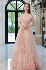 Pink Tulle Long A-Line Prom Dress, Lovely Off the Shoulder Evening Dress