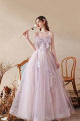 Cute Tulle Lace Long A-Line Prom Dress, Spaghetti Straps Evening Dress