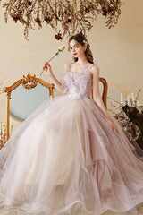 Cute Tulle Lace Long A-Line Prom Dress, Spaghetti Straps Evening Dress