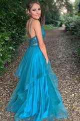 Blue Tulle Lace Long Prom Dresses, A-Line Backless Evening Dresses