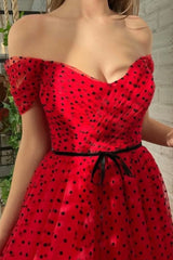 Red Tulle Short A-Line Prom Dress, Off the Shoulder Evening Dress