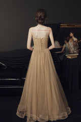 Stylish Tulle Long A-Line Prom Dress, Champagne Strapless Evening Party Dress