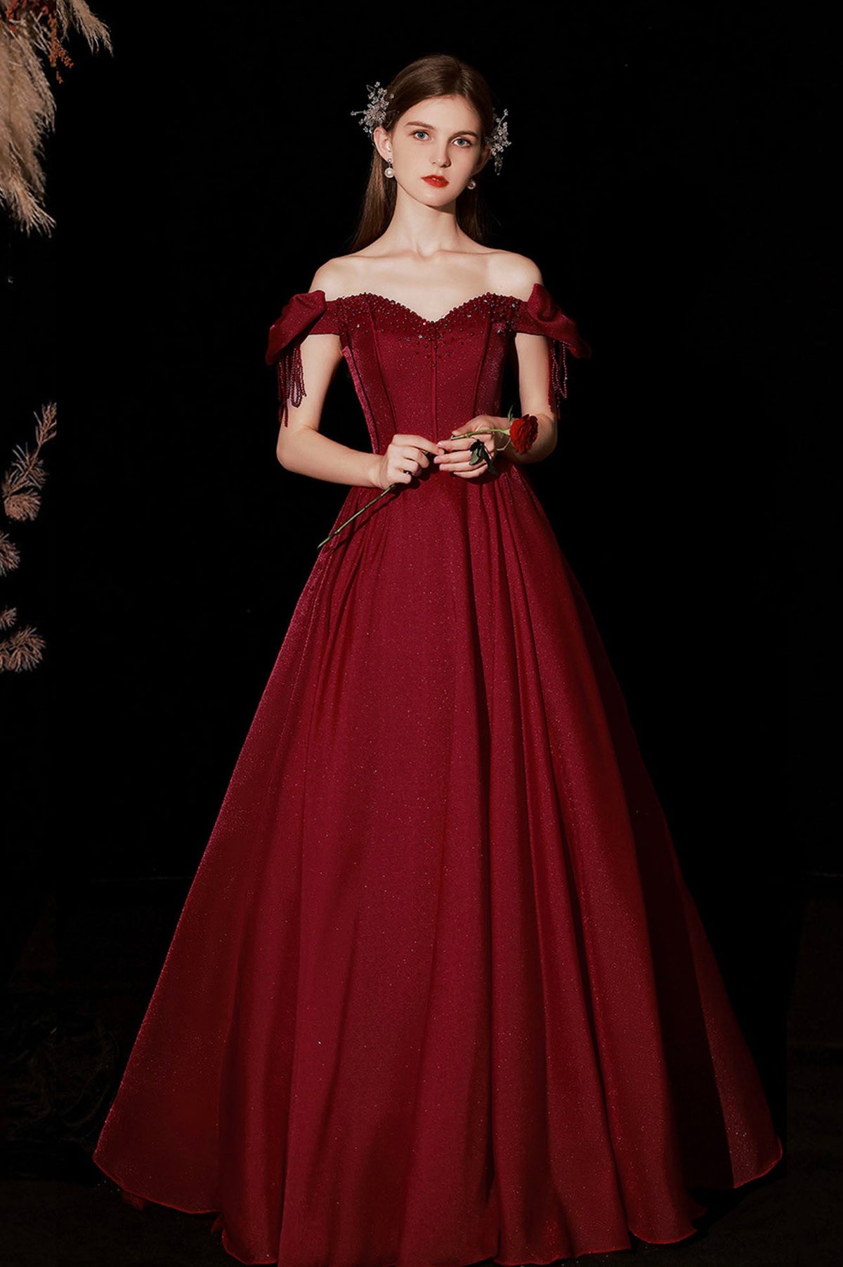 Burgundy Satin Long Prom Dresses, A-Line Off the Shoulder Formal Dresses