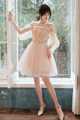 Pink Tulle Short Prom Dresses, A-Line Puffy Tulle Homecoming Dresses